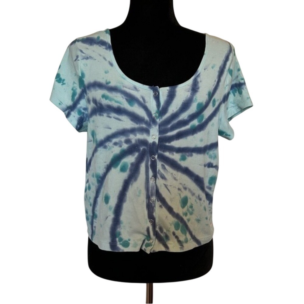 PINK Victoria Secret Ribbed Crop Snap Front Blue and Green Tye die Shirt Size XL